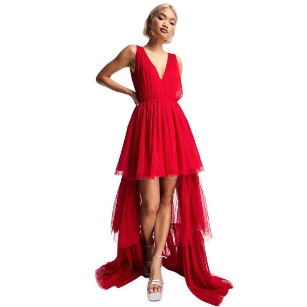 Lace & Beads ASOS Ella Tulle Maxi Prom Dress in Bright Ruby Red Women's Size 14
